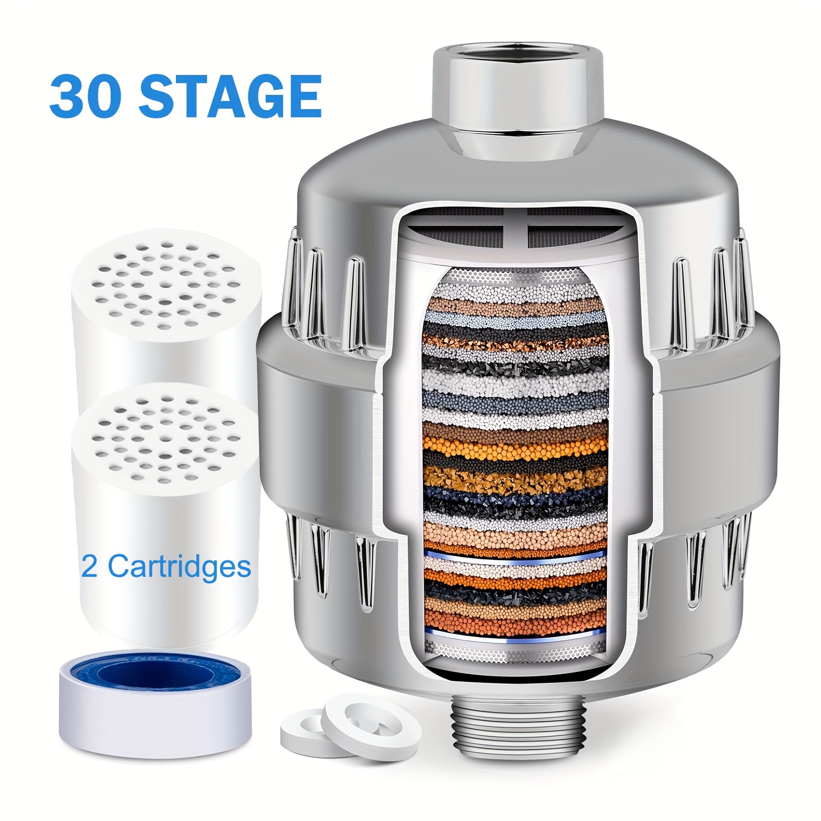 

30 Stage Shower Filter, Hard Water Showerhead Filter With 2 Cartridges - High Shower Water Filter