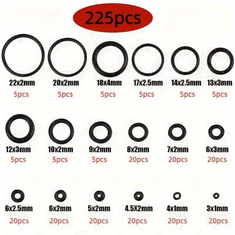 225pcs O-Ring Assortment Set, Oil & Water Resistant Rubber Seals, 50D Durometer, Round Cross Section, Various Sizes for Automotive & Machinery Applications