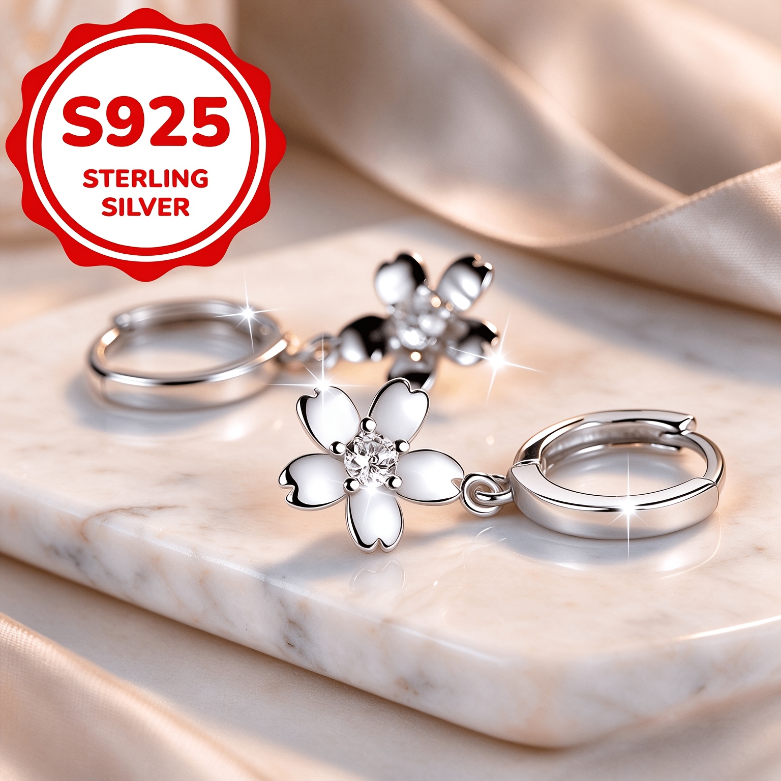 Women's 925 Silver Petal Drop Earrings, Heart Design