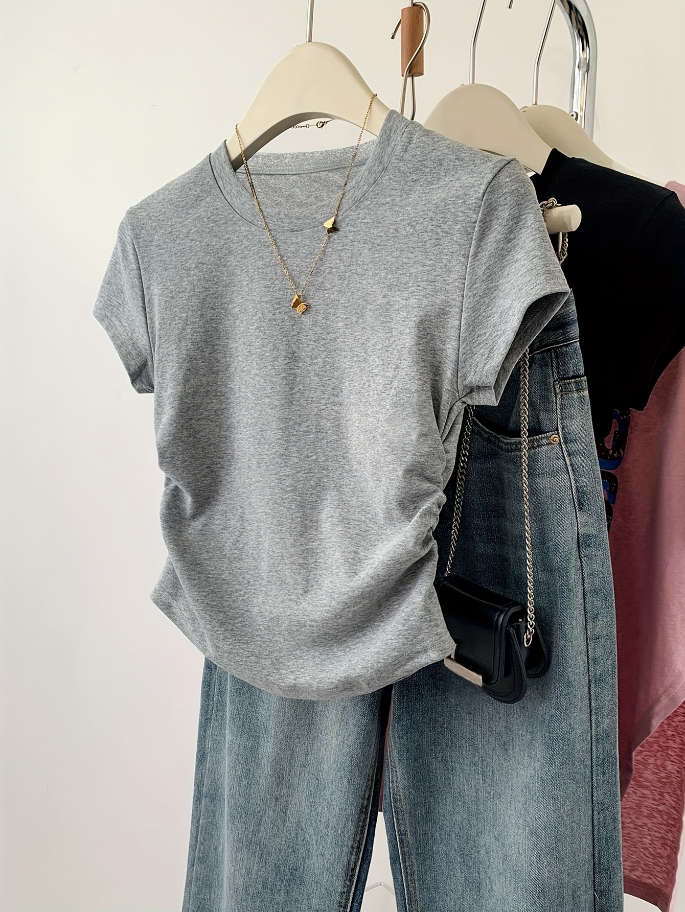 Women'S Casual Crew Neck Short Sleeve T-Shirt - Dark Green, Ribbed Hem, Lightweight & Stretchy, Perfect for Summer, Casual Attire|Ribbed Hem Tee|Lightweight Tshirt