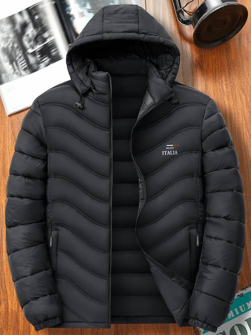 winter mens outdoor casual hooded jacket thickened windproof warm removable hood elastic cuffs zipper pockets closure trendy versatile for outdoor and holiday gift for boyfriend husband
