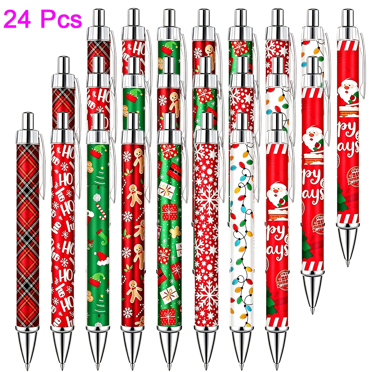 TEMU 24pcs Christmas Ballpoint Pens Bulk, Retractable Cute Red And Green Santa Claus Snowman Cartoon Ballpoint Pens, Smooth Writing Black Ink Pen Gel