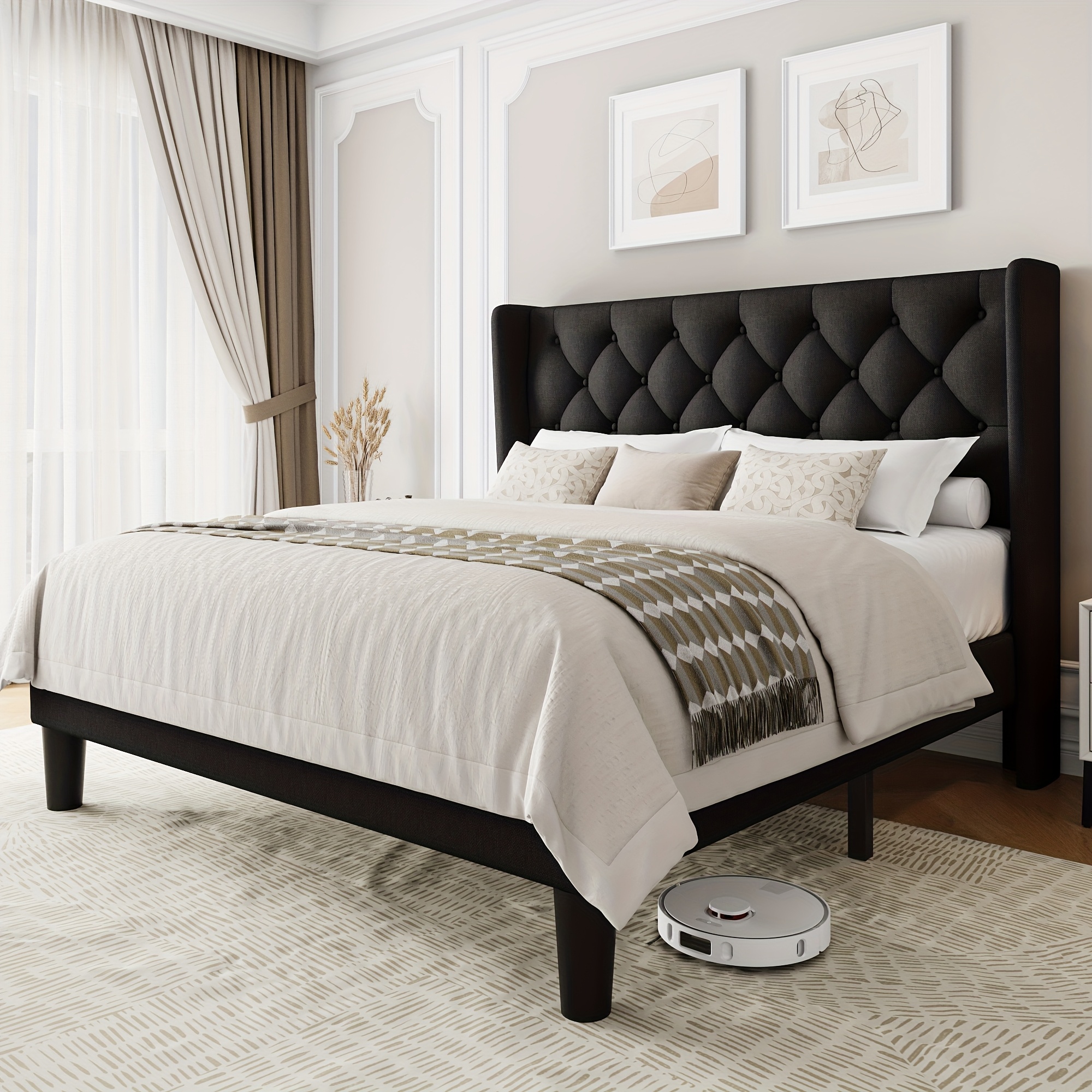 TEMU Bed Frame With Button Tufted Headboard, Platform Bed With 8" Under Bed Storage, Wooden Slats Support