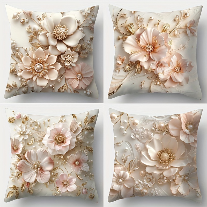 

4-piece 3d Floral Throw Pillow Covers Set, Contemporary Style, Polyester Fabric, Hand Wash Only, Decorative Zipper Closure Cushion Covers For Living Room Couch Sofa