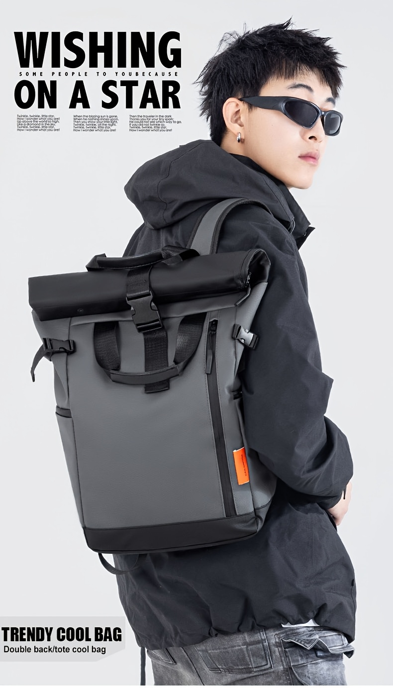 Fashionable Unisex Casual Backpack, European and American Trendy Style Double-Shoulder Backpack, Multi-Functional Roll-Top Laptop Backpack for Outings, Shopping, and Travel, Nylon Double-Shoulder Computer Bag with Fine Workmanship