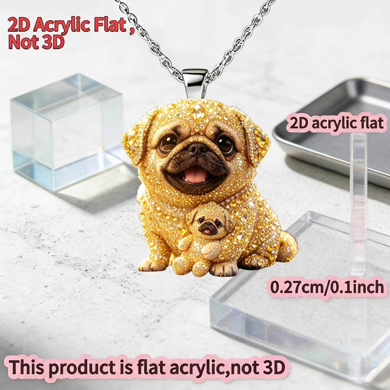 Acrylic Cute Pug Y-Shaped Pendant Necklace, Birthday Gift