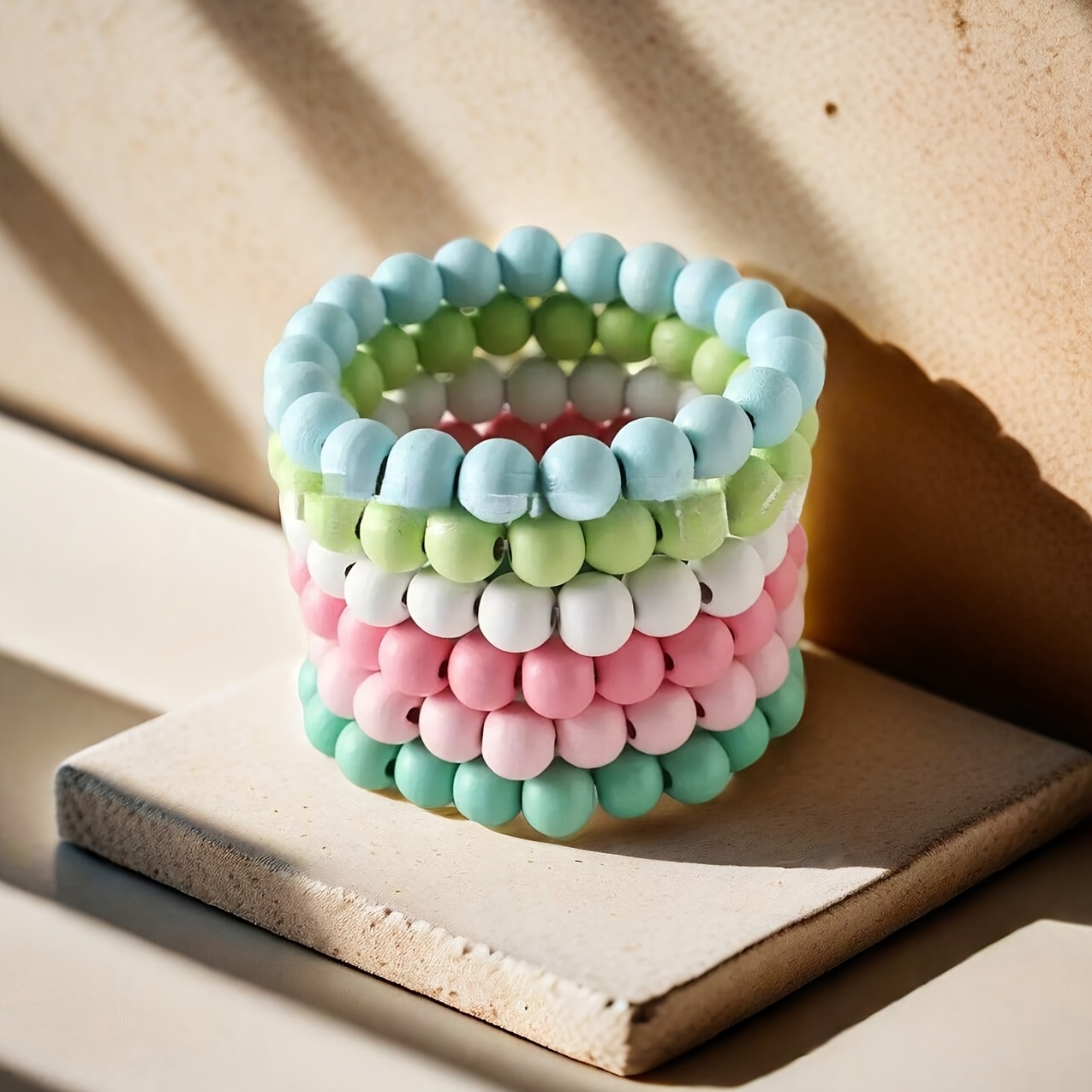 Image of 6pcs Fashion Cute Multicolor Wooden Bead Beading Elastic Bracelet Set Women's Holiday Party Beach (random Colors)