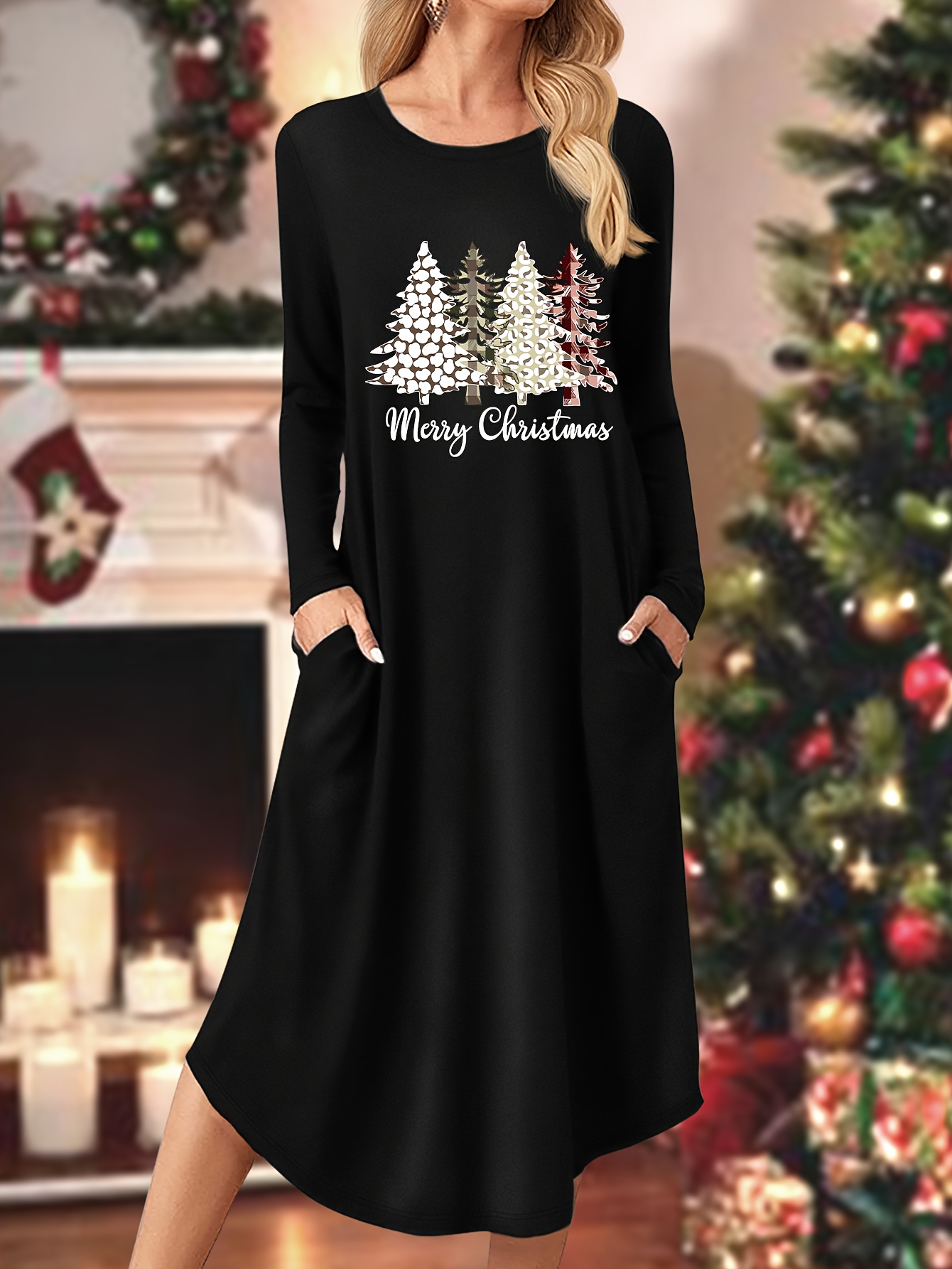 womens christmas tree snowflake print a line dress pockets Temu