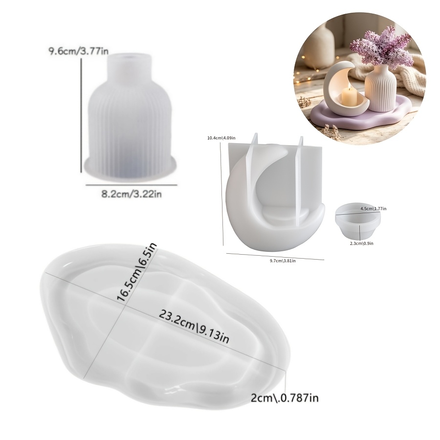 TEMU 4pcs Silike Lufei Clay Silicone Mold Set Suitable For Making Epoxy Resin Candles, Plaster Crafts, Moon Candle Holders, Striped Vases & Irregular