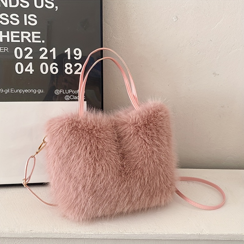 

Chic Plush Crossbody Bag For Women - Soft Faux Fur Shoulder Purse With Adjustable Strap, In Khaki, Coffee, Pink, Black