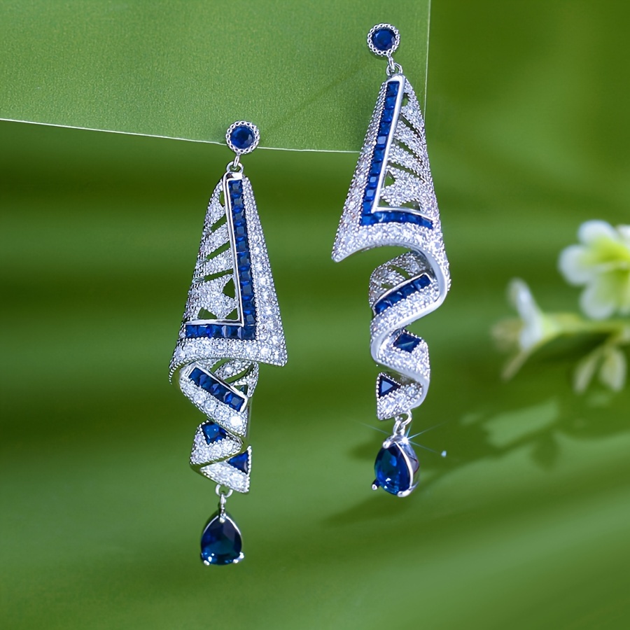 Orecchini pendenti a nastro in zircone bianco blu da sposa_voghion.com