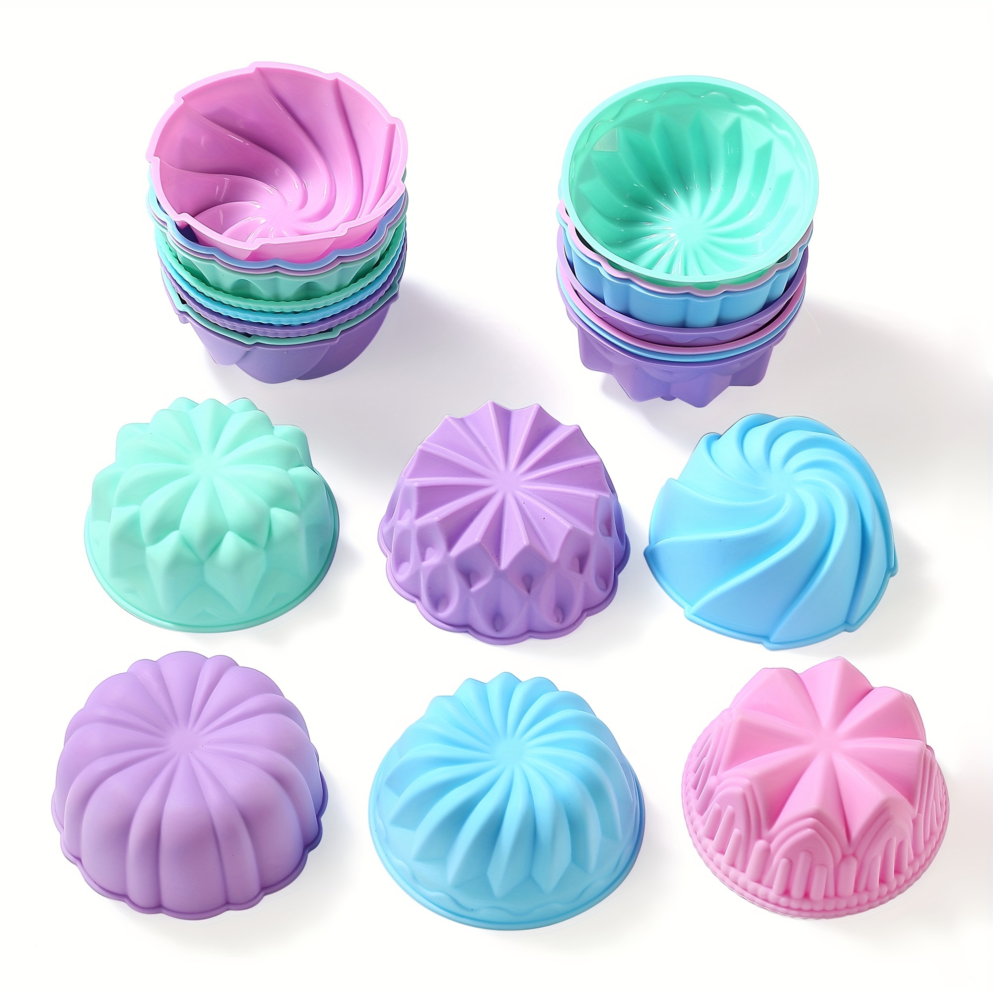 

Silicone Cupcake Baking Cups, Food Grade Silicone Muffin Liners, Muffin, Jello, Reusable 3.15" X 1.46" Silicone Molds, 6 Shapes Pack Of 24