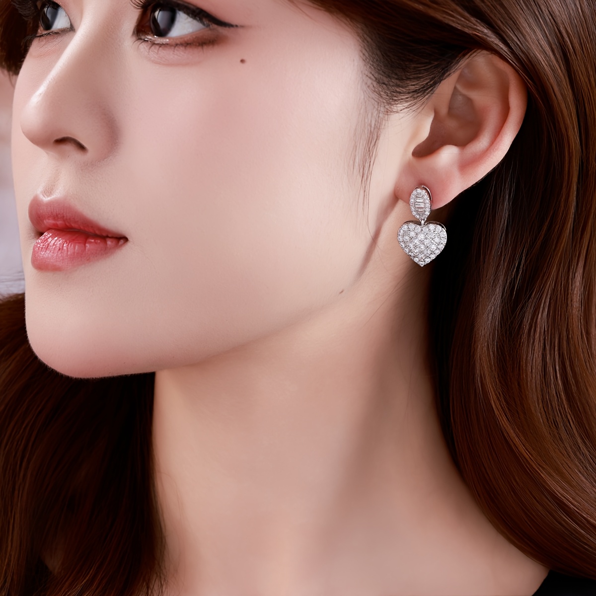 Women's Copper Heart Drop Earrings with Zirconia Inlay