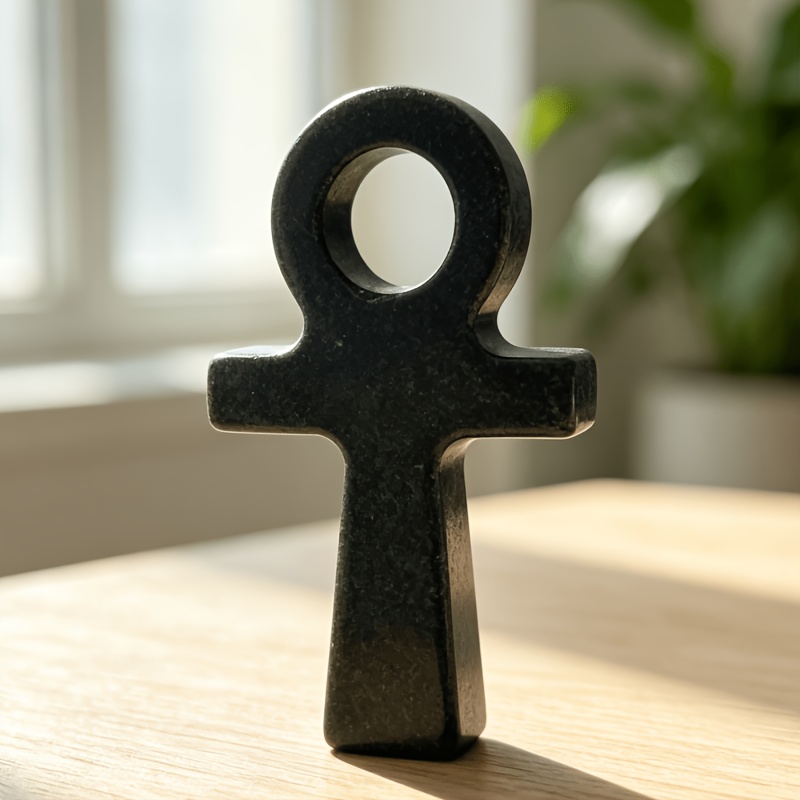TEMU 1pc Natural Obsidian Cross Egyptian Ankh Hand Carved, Unique Specimen For Collectibles And Educational Use, Perfect For Home Collection & Gift
