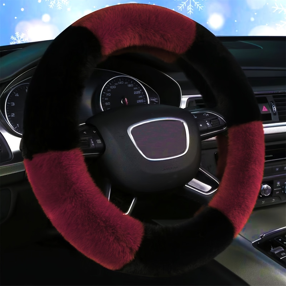 TEMU 1pc Color Blocking Plush Car Steering Wheel Protection Cover, Creative And Cute Anti-slip Warm Steering Wheel Handle Cover, Universal Interior