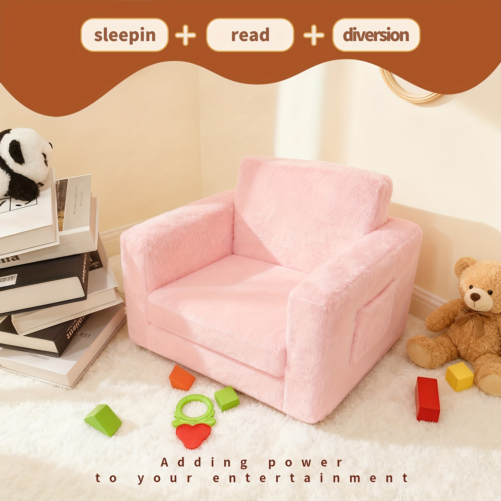 Kids Sofa 2-in-1 Convertible to Recliner Chair - Soft Plush Gray/Pink/White Youngsters Lounge Chair with Storage Pocket, Cozy Folding Playroom Furniture for Boys And Girls, Youngsters Playroom Furniture Pocketed Armrests | Velvet Upholstery, Chair