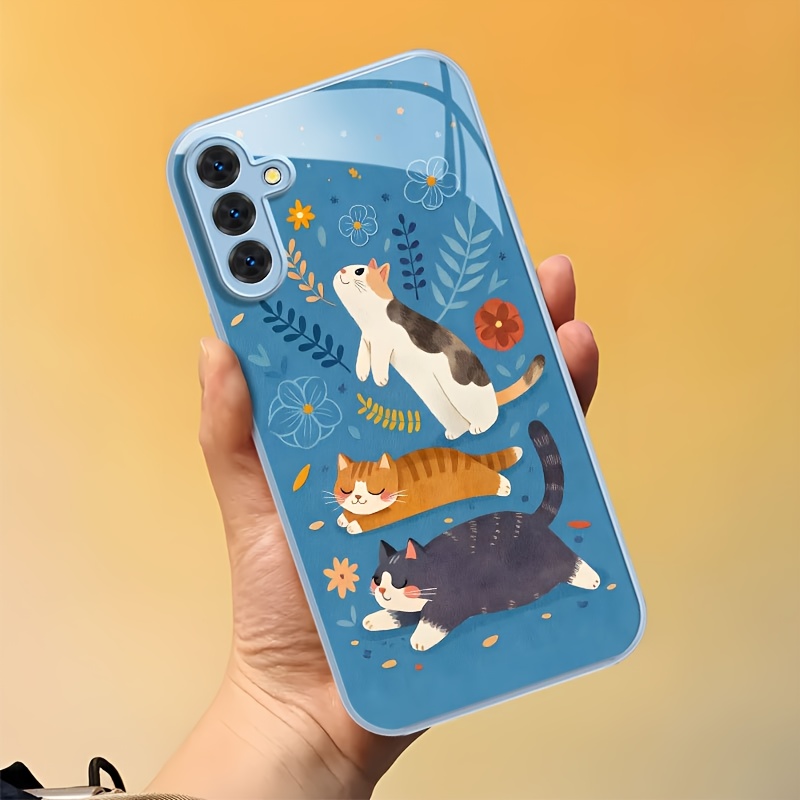 TEMU Cute Calico Cat And Tempered Glass Blue Frame Phone Case For For Galaxy A04, A04s, A06, A13, A14, A15, A16, A22, A23, A24, A25, A32, A33, A34,