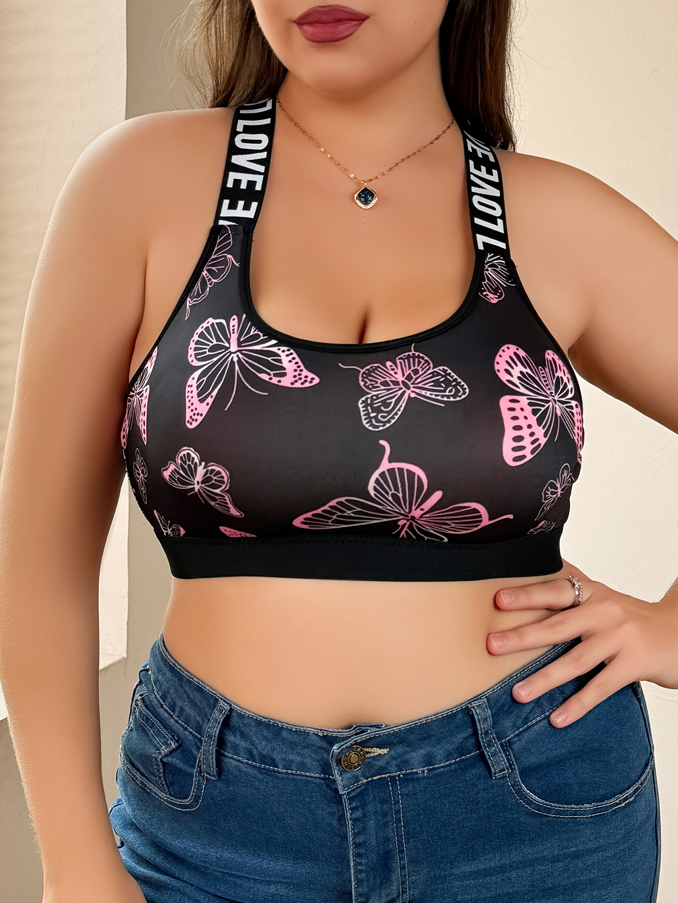 Plus Size Women'S Bra - No Underwire, Breathable Mesh with Vibrant Butterfly Print, Adjustable Straps, Medium Stretch, Ideal for Casual Attire, Comfortable Undergarment | Vibrant Print Top | Breathable Fabric