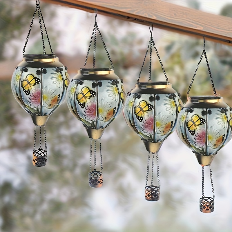 4pcs floral   hot air balloon lantern digital hand painted outdoor chandelier garden ambiance light early summer lamp solar lights details 1