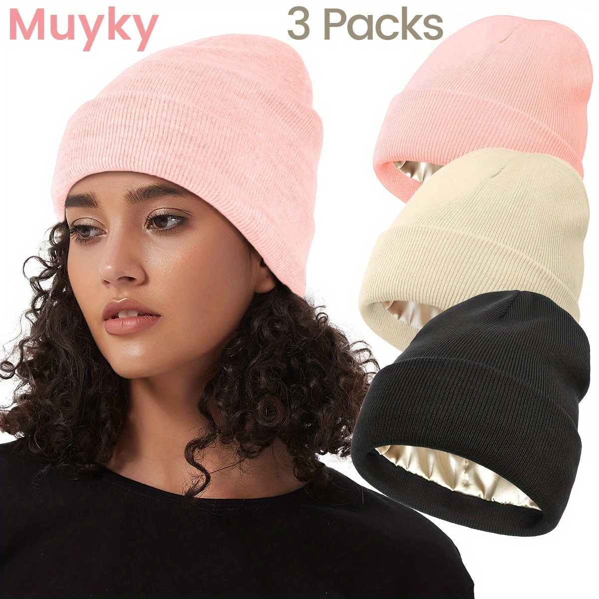2 3 packs womens satin lined beanie hat acrylic winter  display picture 1