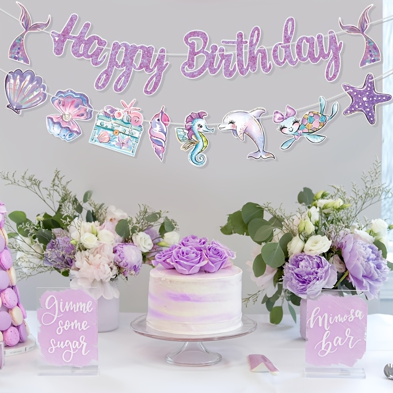 

Purple Mermaid Banner Set - Ocean Themed Party Decor With Glittery Letters, Marine Animals & Mermaid Tail Design, Paper Hanging Flags For ' Birthday Or Shower Celebrations