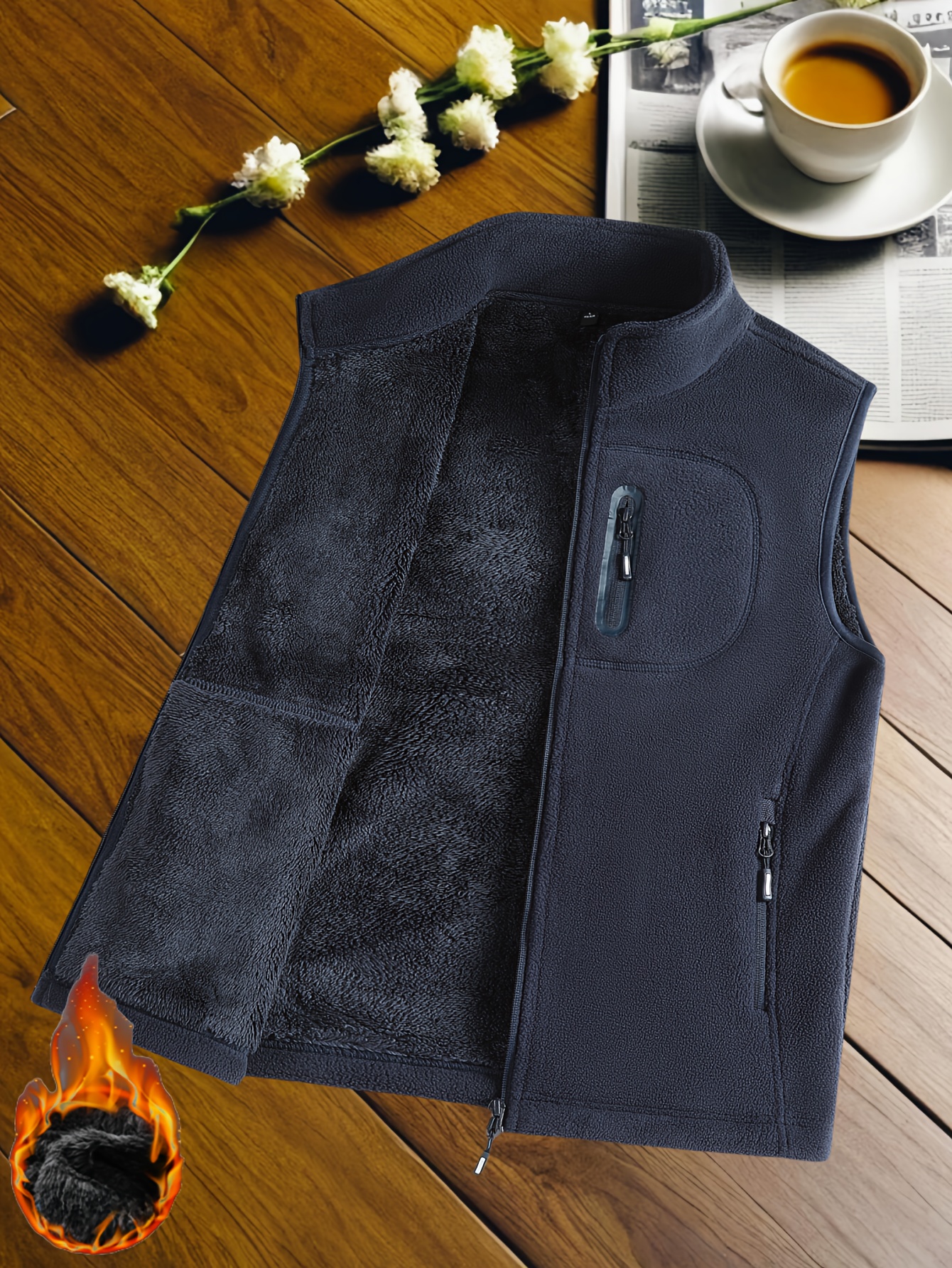 Autumn And Winter Men'S Casual Fleece Vest Men'S Thickened Fleece Composite Fleece Stand-Up Collar Cardigan Vest Winter Outing Casual Warm Sleeveless Jacket Vest