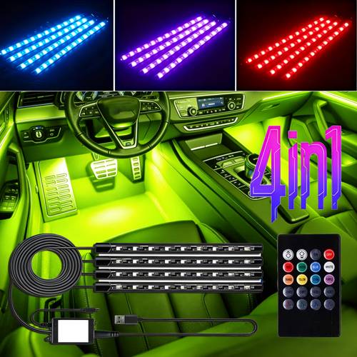 4 in 1 rgb led light strip remote control for cars led lights for car music synchronization in dash floor mat neon light kit with usb cable and 12v without battery