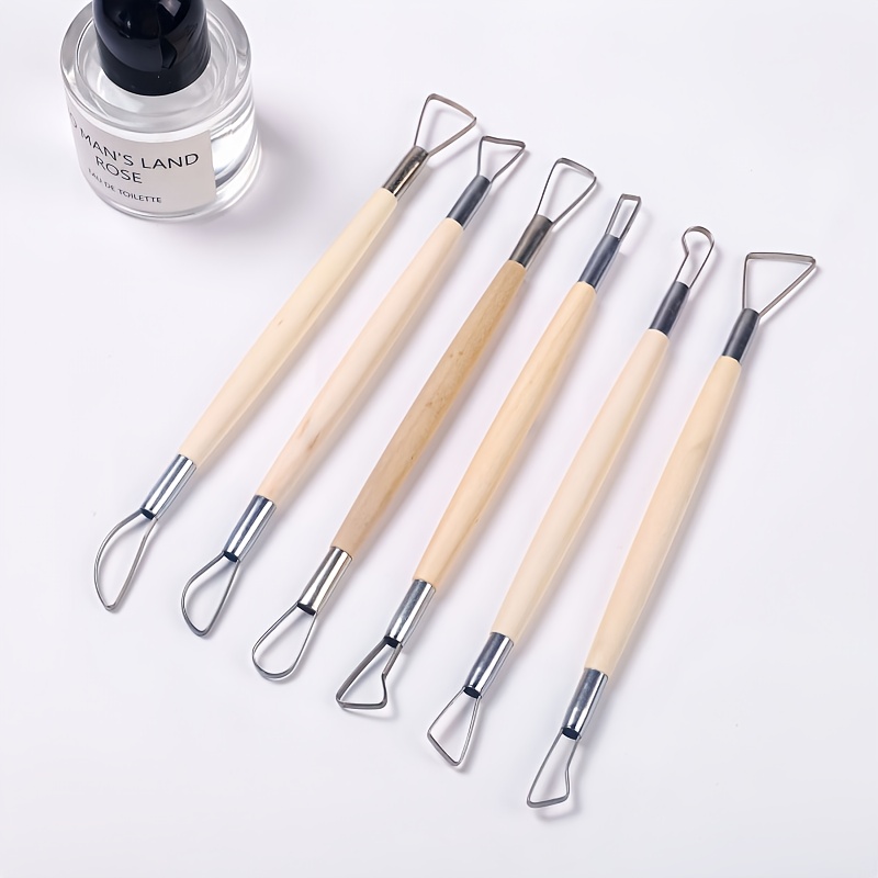 Image of A Set Of 6pcs Of Wood For Clay Tools, A Fine Flat Wire Knife, A Clay Sculpture Carving Knife, A Clay Trimming Tool And A Scraper, Used For Carving, Pottery, Shaping Ceramics, Plastic Clay And Gypsum.