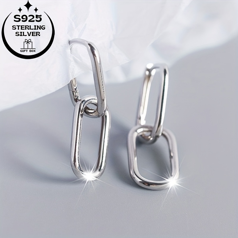 TEMU Pair Of 925 Silver Geometric Oval Interlocking Rings, Unique Women\'s Earrings - Suitable For Music Festivals, Easter, Parties, Casual Attire,