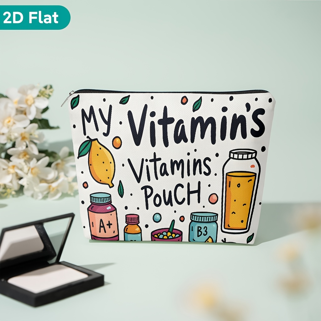 TEMU Cosmetic Bag 1pc, A Bunch Of Different Types Of Vitamins On A White 1, Party Gift Zippered Storage Bag, Lightweight Cosmetic Pouch, For Storing