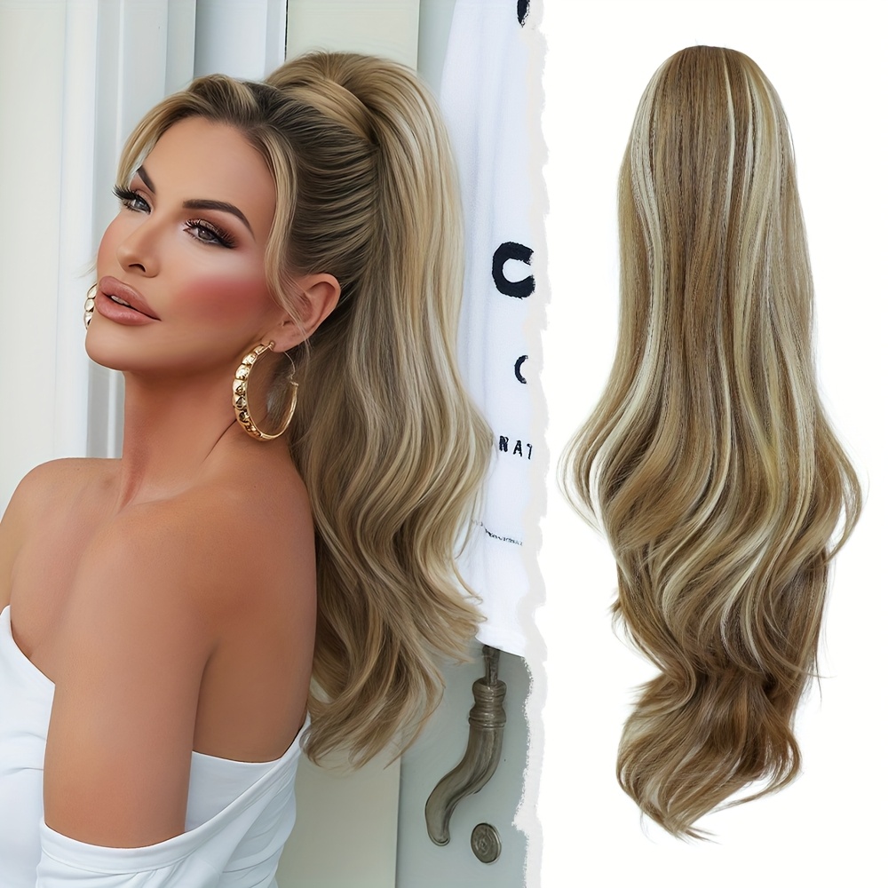 TEMU Long Loose Curly Ponytail Synthetic Drawstring Ponytail Hair Extension For Women Highlight Brown Curly Fake Hairpieces 28 Inch