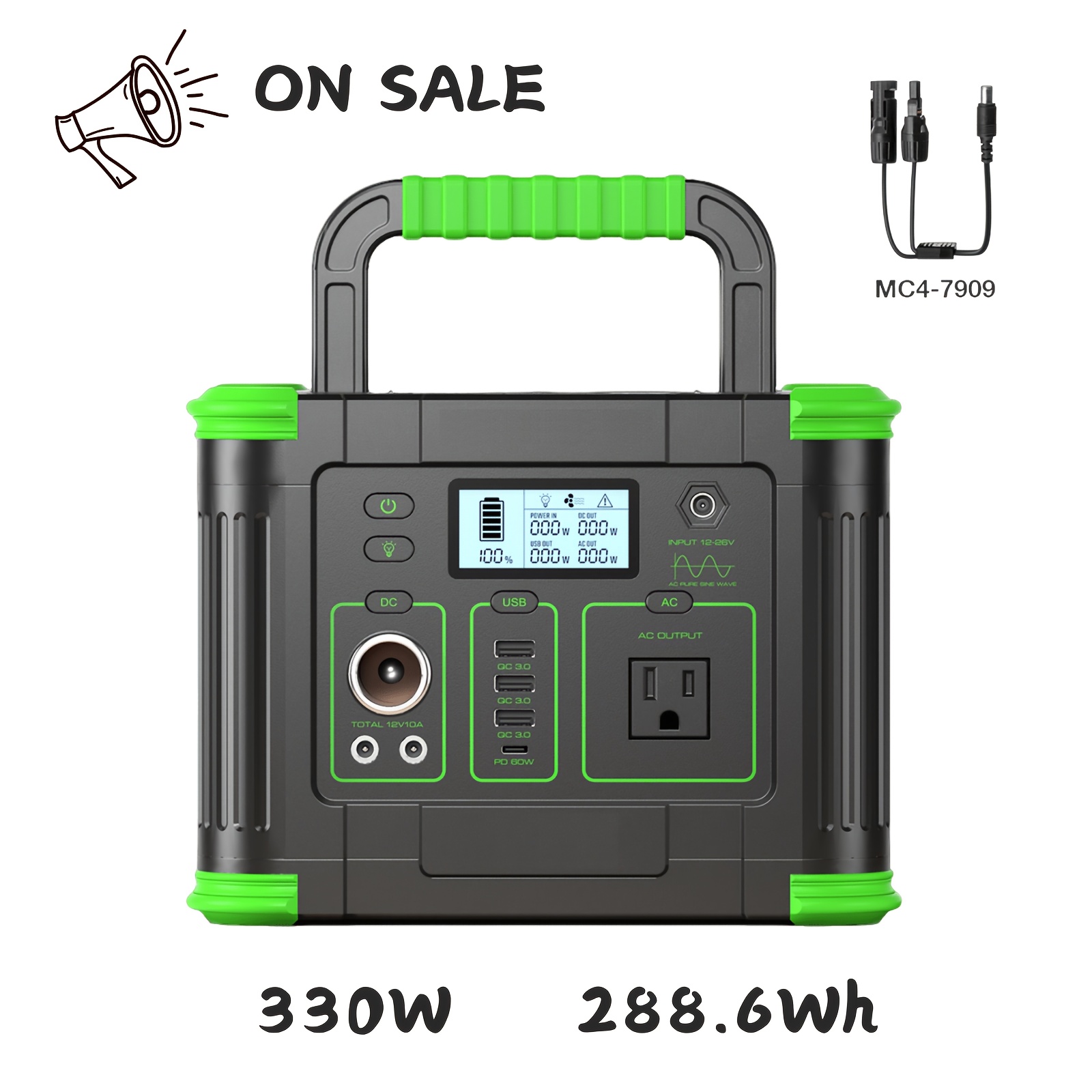 TEMU Portable Power Station 330w, Solar Power Bank 288.6wh, Battery Power Station With 110v Pure Sine Wave Output, Fast Charging, Battery Backup