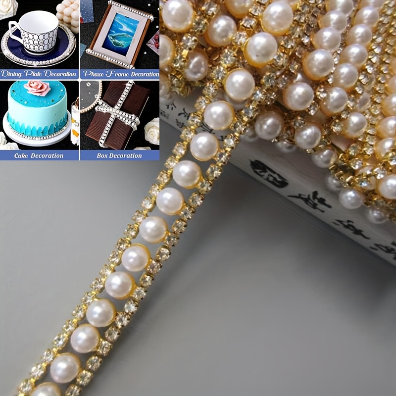 

1 Yard Decorative Staircase Pearl Beaded Chain With Crystal Accents - Gold Pearl Chain For Diy Cake Boxes, Bags, Hats, Shoes, Clothing, And Sewing Accessories