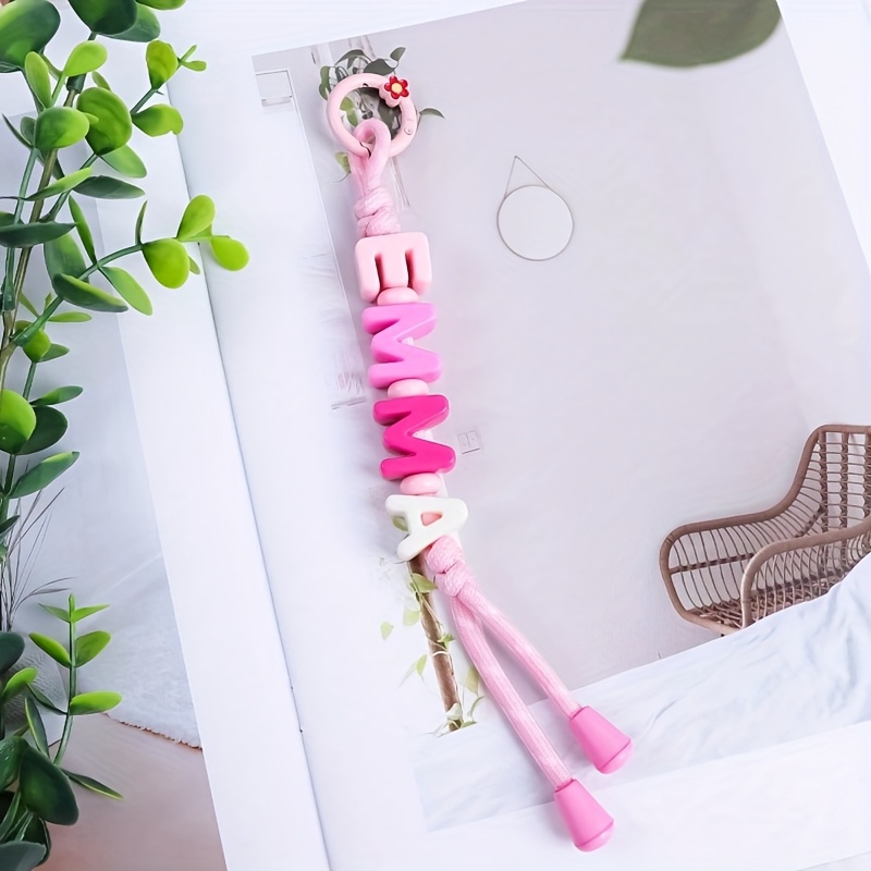 TEMU 1pc Custom Woven Rope Keychain With Colorful Acrylic Letter Beads, Cute Flower Keyring, Minimalist Bag Charm, Personalized Name, Custom Bag