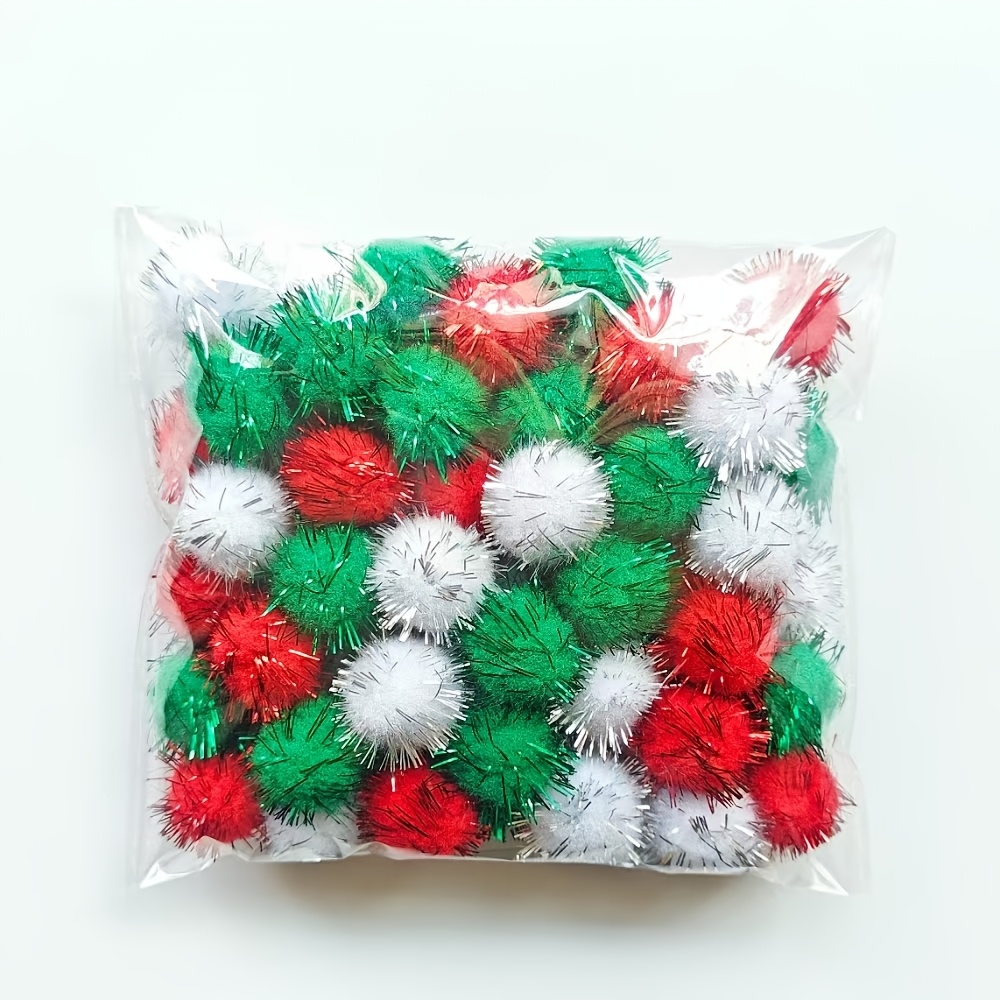 TEMU 92pcs Large Christmas Pom Poms Tinsel Glitter Balls(white, Green, Red)