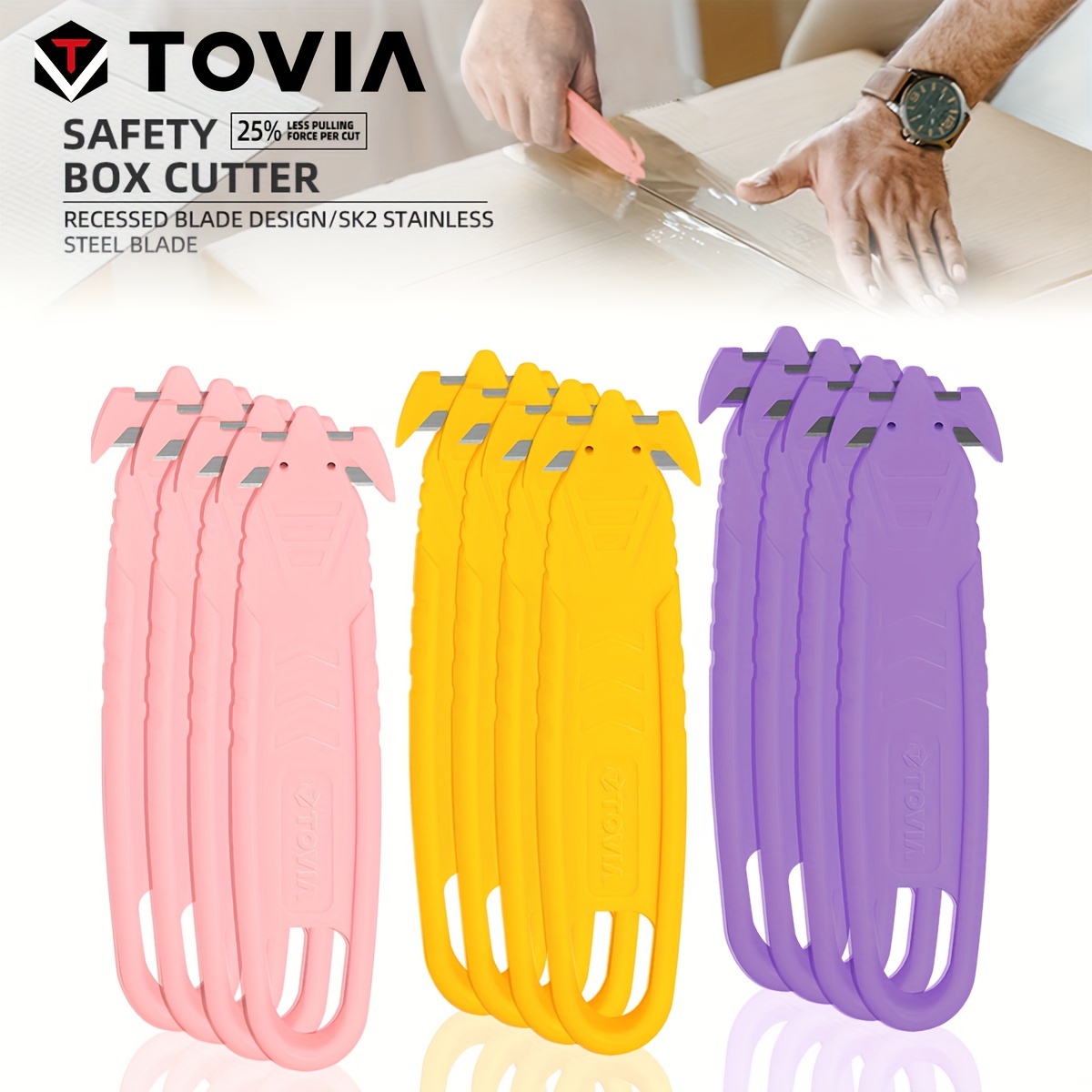 

T Tovia Cutter Set With Tape Splitter: 12 Pcs, Stainless Steel, Concealed Blade, Opener For Cartons, Cardboard, Wrap, Straps, Film (pink, Yellow, Purple)