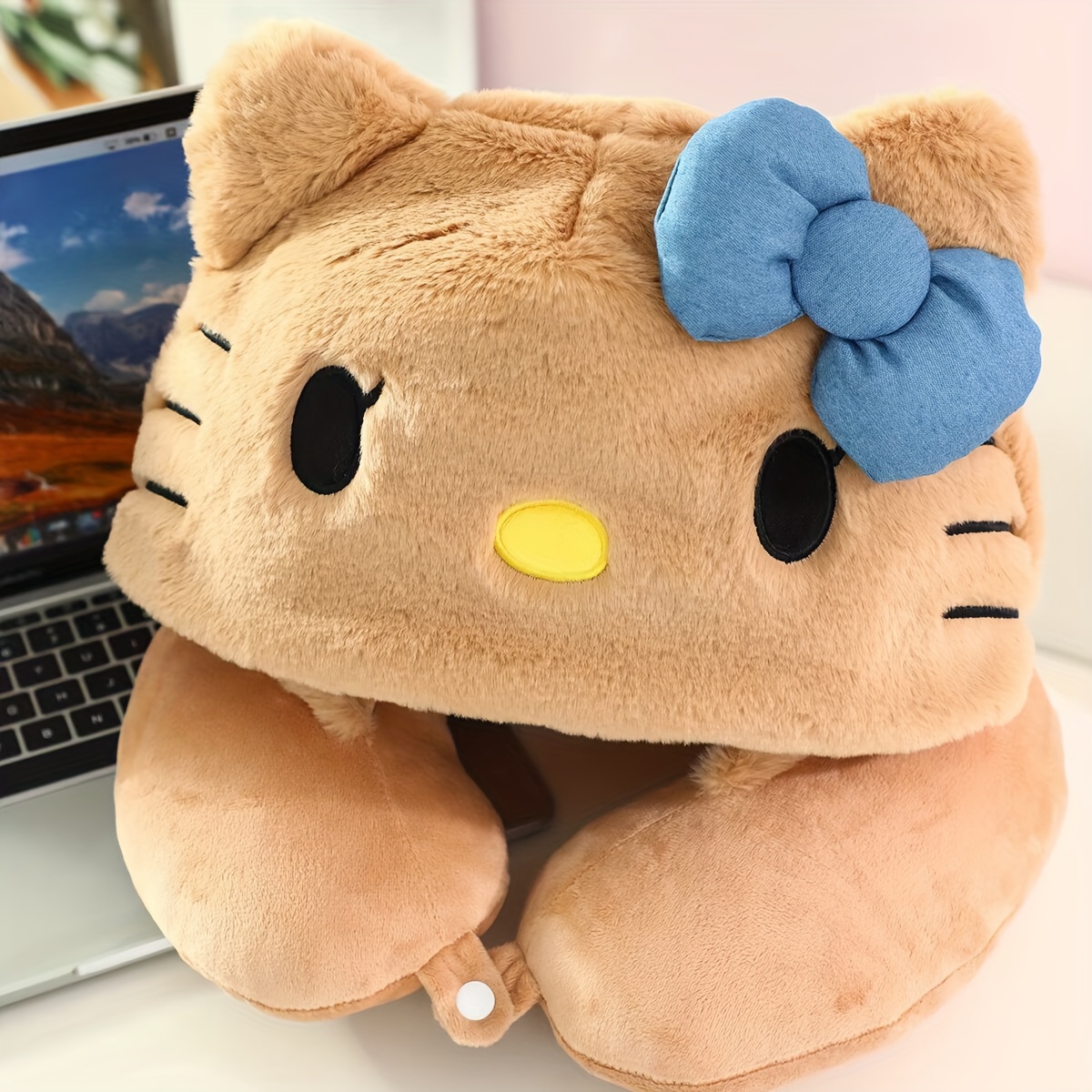Hello Kitty Plush Travel Neck Pillow With Hat - Cute U-shaped Airplane & Car Bed-like, Soft Flannel-like Hugging Collar, Machine Washable & S Pillow For Long Flights, Trains, Buses ()