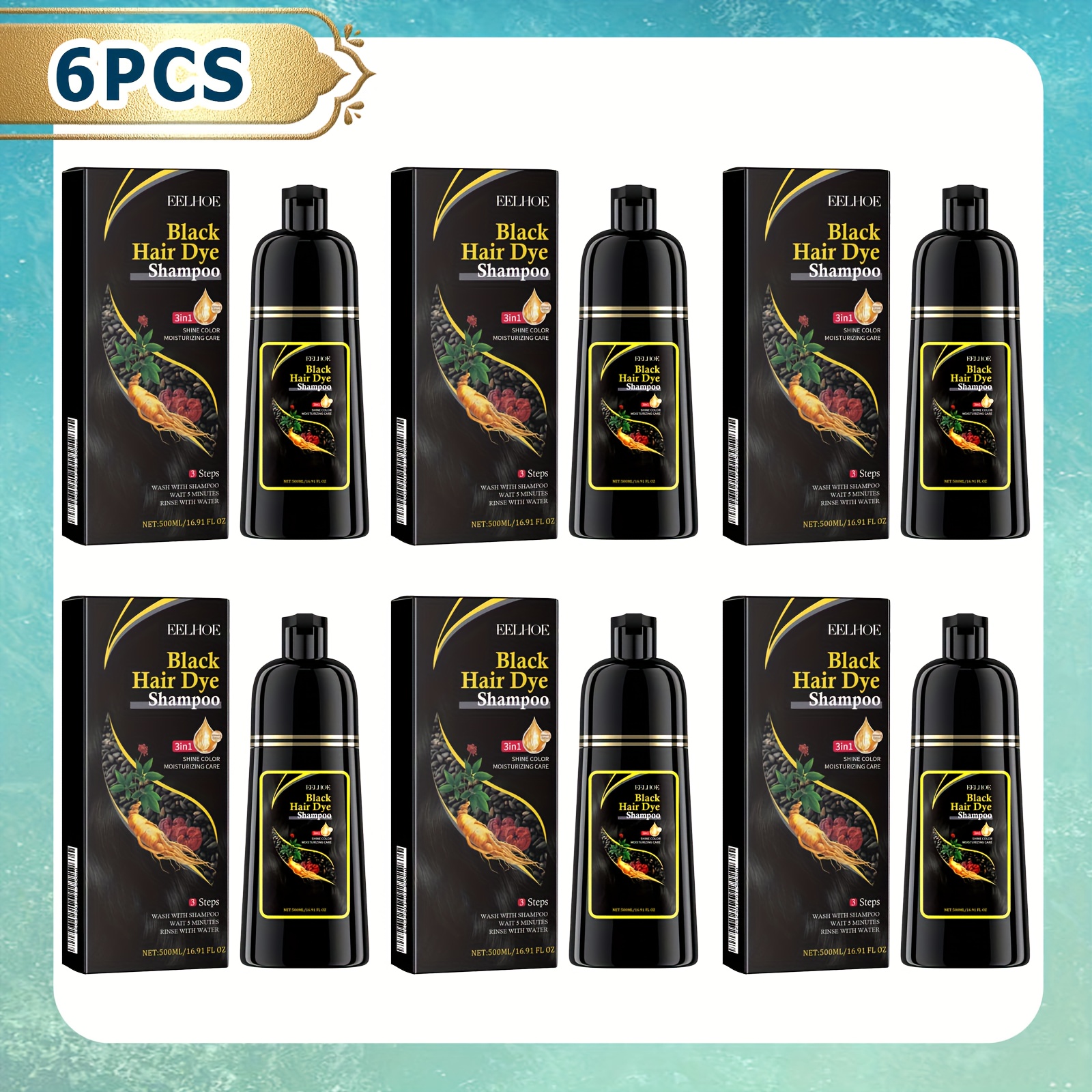 TEMU 6pcs Black Hair Dye Shampoo, 500ml/16.91oz, Cleanse Dye Hair 3 In 1, Contain Polygonum Multiflorum, Hair Darkens White Hair, Deep Cleansing And