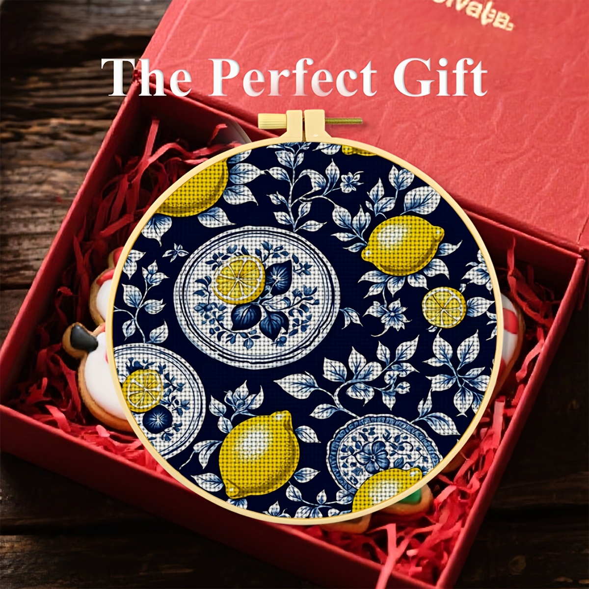 Round DIY Cross-Stitch Printed Kit with Embroidery Hoop, Deep Blue Lemon Tableware Pattern