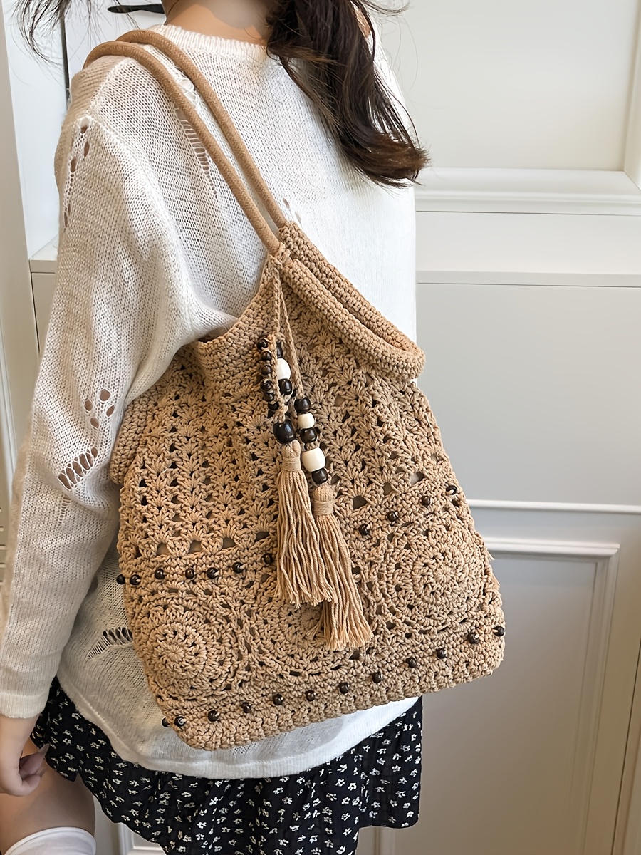 Women's Tote Bag, Vacation Bag in Khaki/Beige, Crochet Boho Hobo Bag, Beach Bag for Women, Bohemian Woven Handbag, Summer Vacation Beach Handbag, Bohemian Crossbody Bag with Tassels