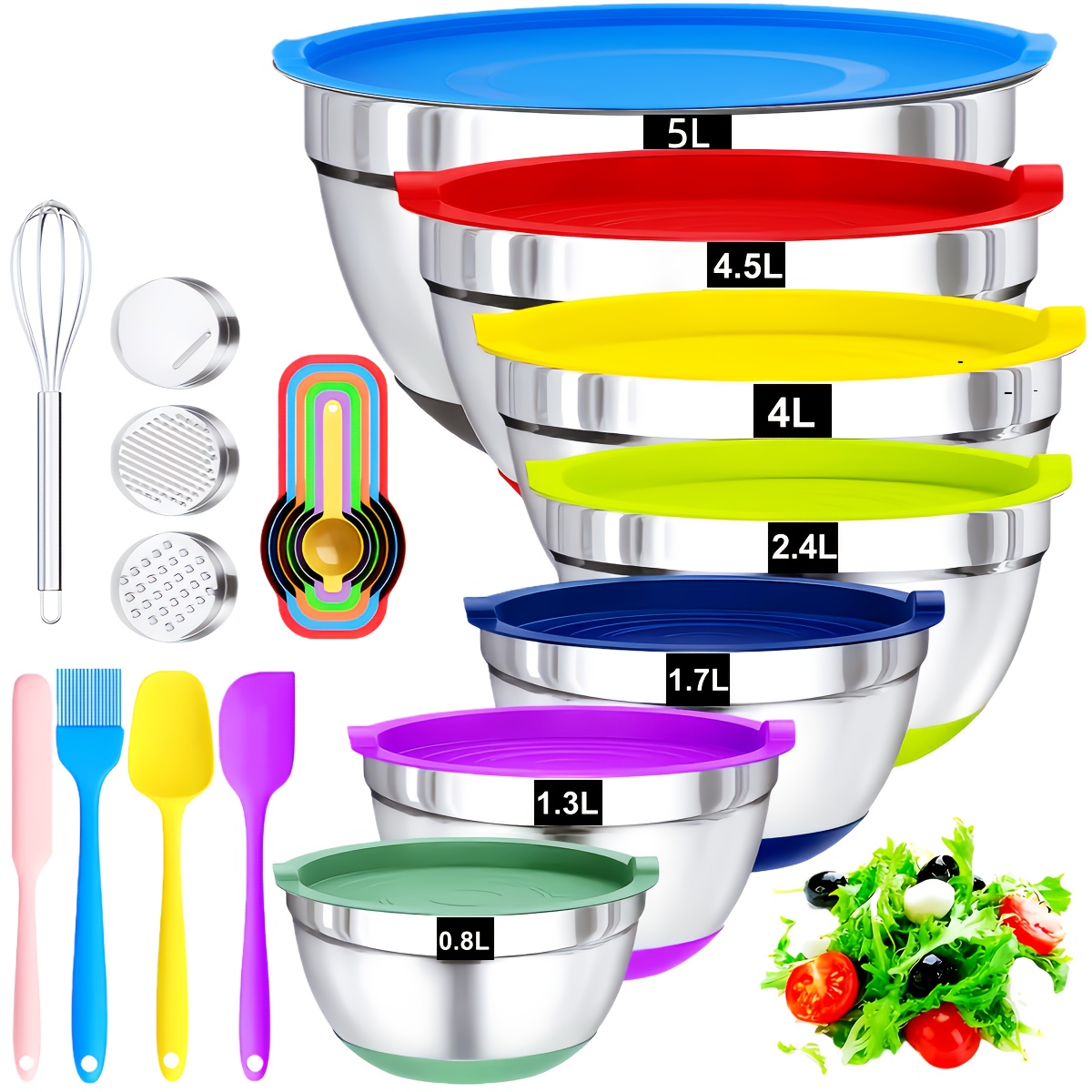 TEMU 22 Mixing Bowls With Sealed Lids, Anti Slip Colored Silicone Bottom, Stainless Steel Metal Combination Bowls, Sizes 4.5, 4, 3.5, 2.1, 1.5, 1.1,