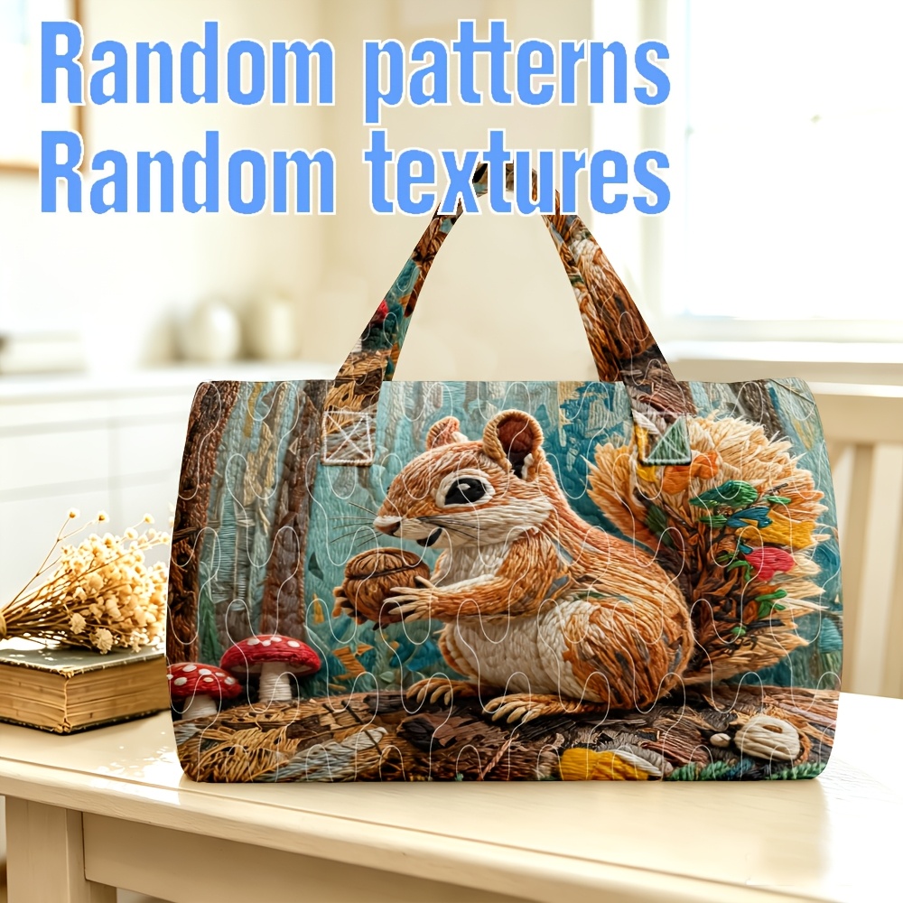 TEMU 1pc Teal Quilted Tote Bag Squirrel Walnut Mushroom Autumn Forest Gift For Woodland Decor Collection For Woodland Creature Fans Who Love Season