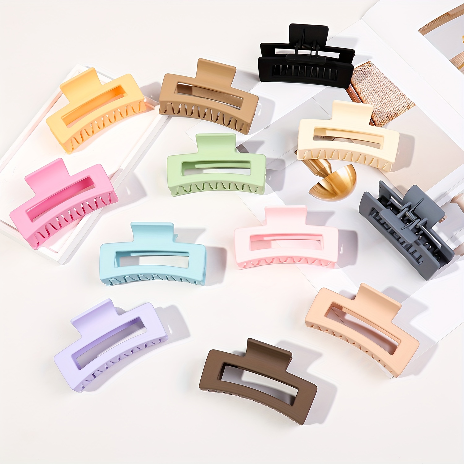 

10pcs Solid Color Large Hollow Out Hair Claw Clips Rectangular Hair Grab Clips Non Slip Ponytail Holders For Women And Daily Use