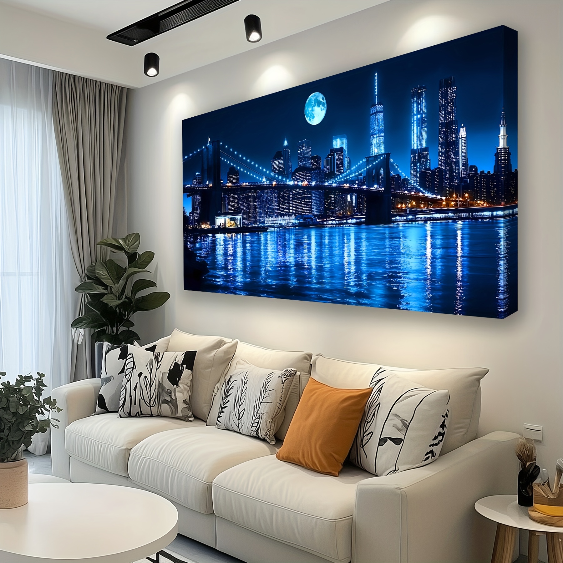 2D Flat, 2D Flat, Contemporary Urban Landscape Artwork, Art Deco Design, Deep Blue Canvas Print, Stylish Home Decor, Ideal for Display in Living Room, Bedroom, Or Study, Sturdy Wooden Inner Frame