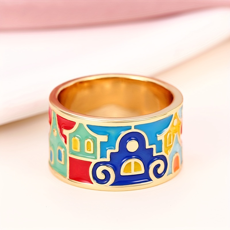 

Colorful Enamel Painted Cartoon House Style Band Ring - Simple Copper Alloy Unisex Wide Ring For Daily Wear, Party & Gift Giving - Synthetic Stone, Fashionable Artistic Jewelry Accessory