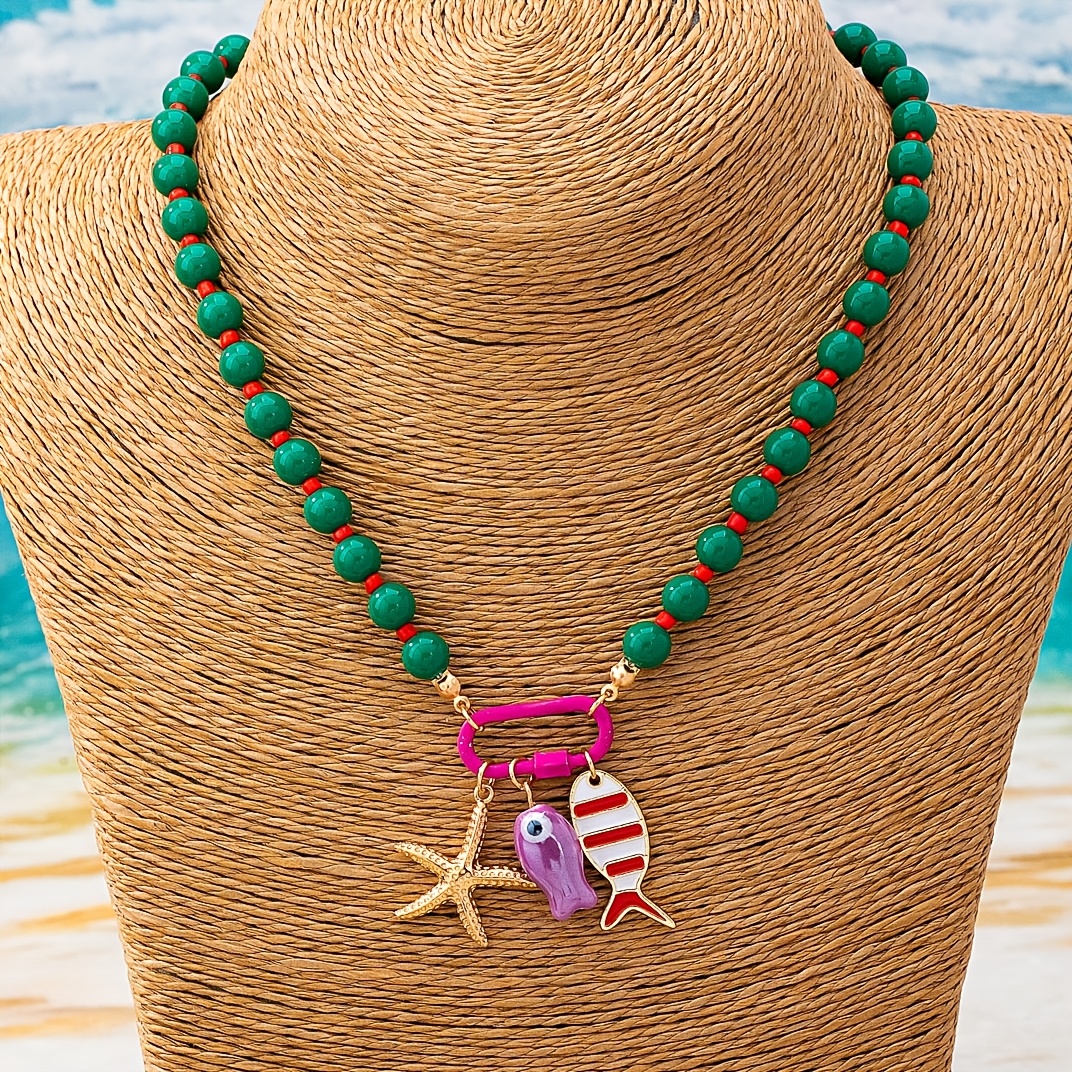 TEMU 1pc Bohemian Style Beaded Necklace With , Starfish, And Heart Pendants, Versatile Summer Beach Vacation Jewelry For Women
