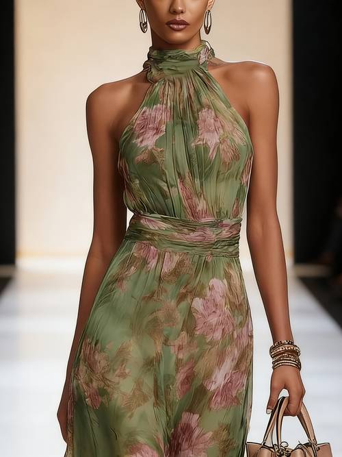ling qd260127087 womens green ombre printed halter dress feminine backless chiffon floor length gown evening formal dress