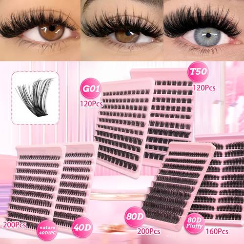 A Kit Containing 120/160/200pcs of Natural-Looking D Curl Lash Clusters (Ranging from 9 to 16Mm), Featuring a Mix of 40D, T50, G01, 80D, And 80D-Cat Eye Styles. These Extra Thick, Lightweight