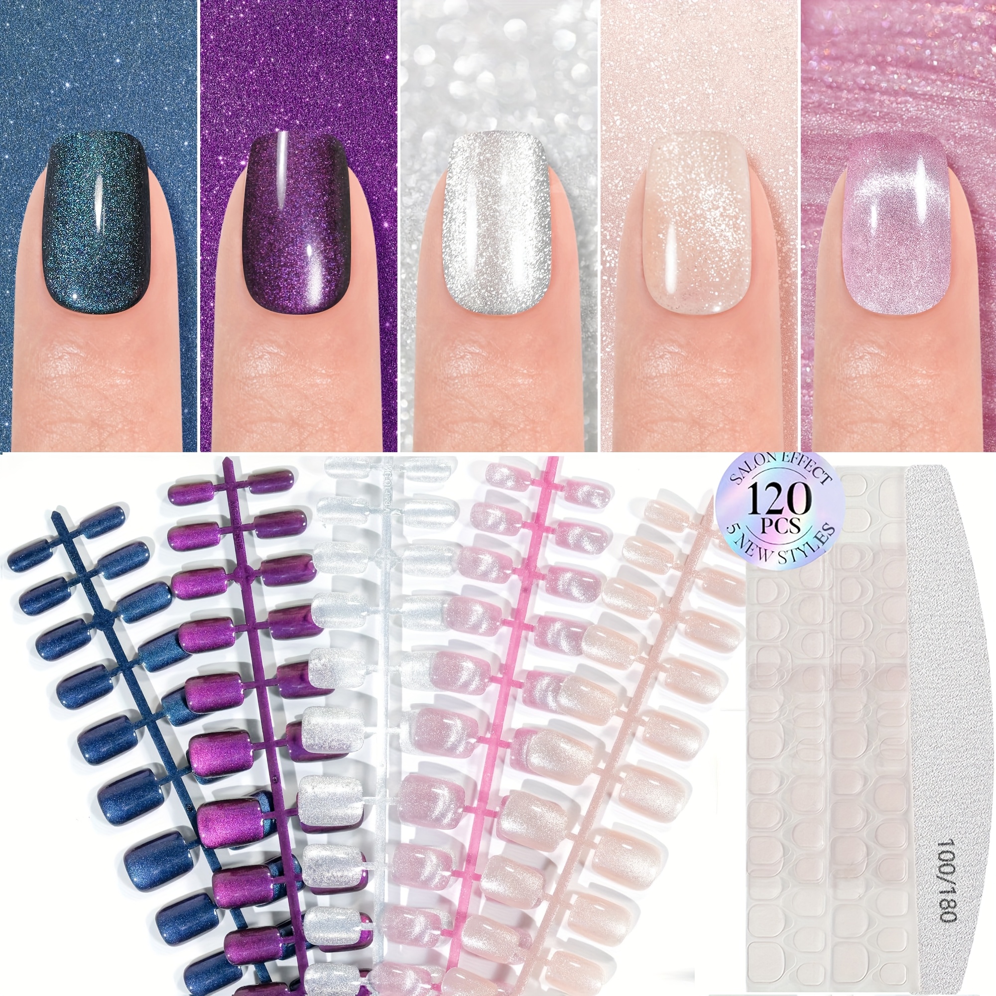 TEMU 120pcs Of Glossy Short Square Cat Eye Press-on Nail Patches, Soft Gel False Nails, Acrylic Nails Designed For Women, Fitting, Reusable Nail Embellishments