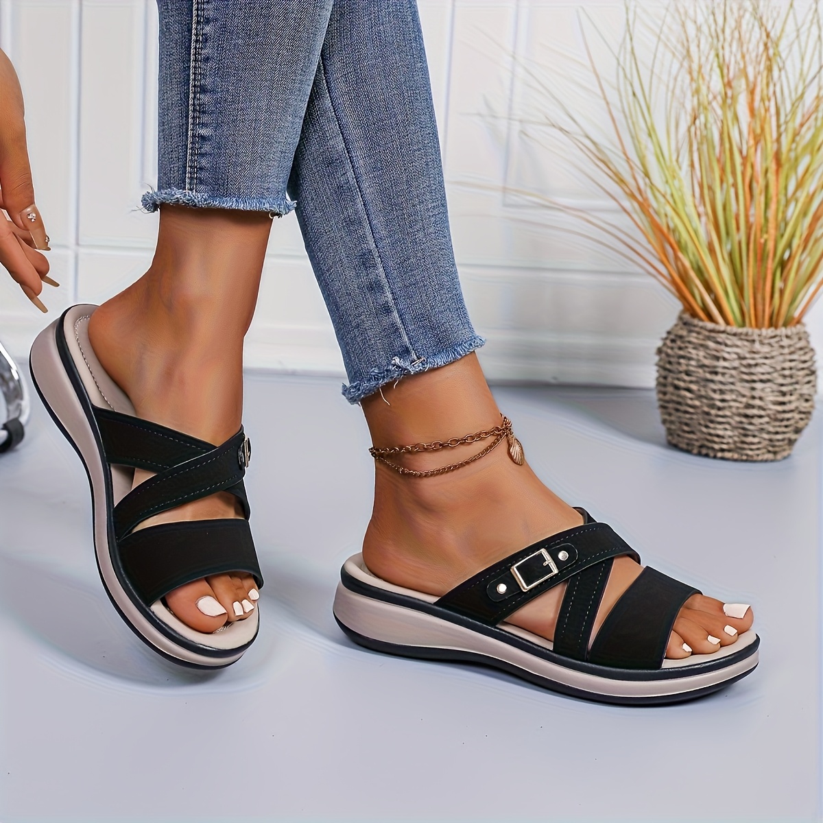 TEMU Women's Low Chunky Heel Sandals - Comfortable Casual Slippers For Summer, Suitable For Beach, Shopping, And Daily Wear, Black/khaki/burgundy,